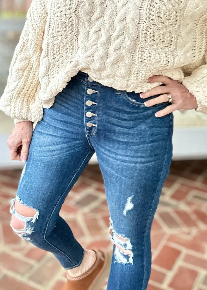 Franklin Distressed Hi Rise Button Fly Skinny | Judy Blue Jeans | Dark Wash