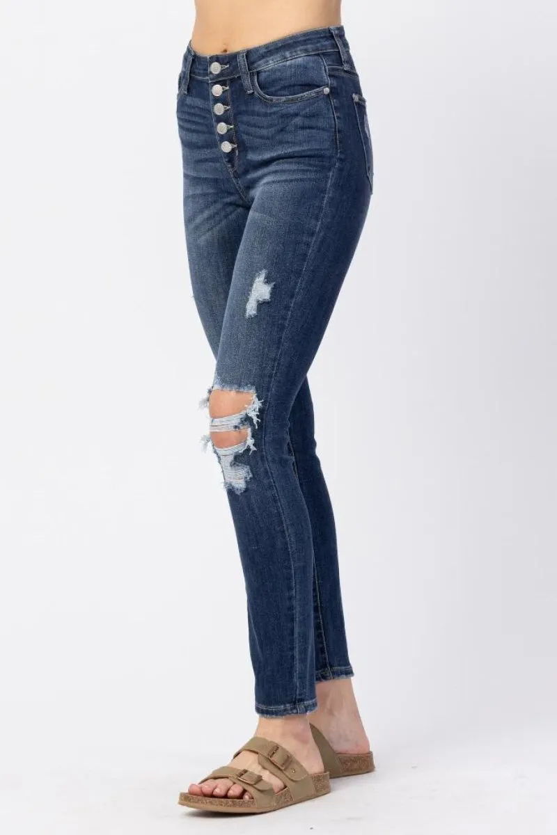 Franklin Distressed Hi Rise Button Fly Skinny | Judy Blue Jeans | Dark Wash