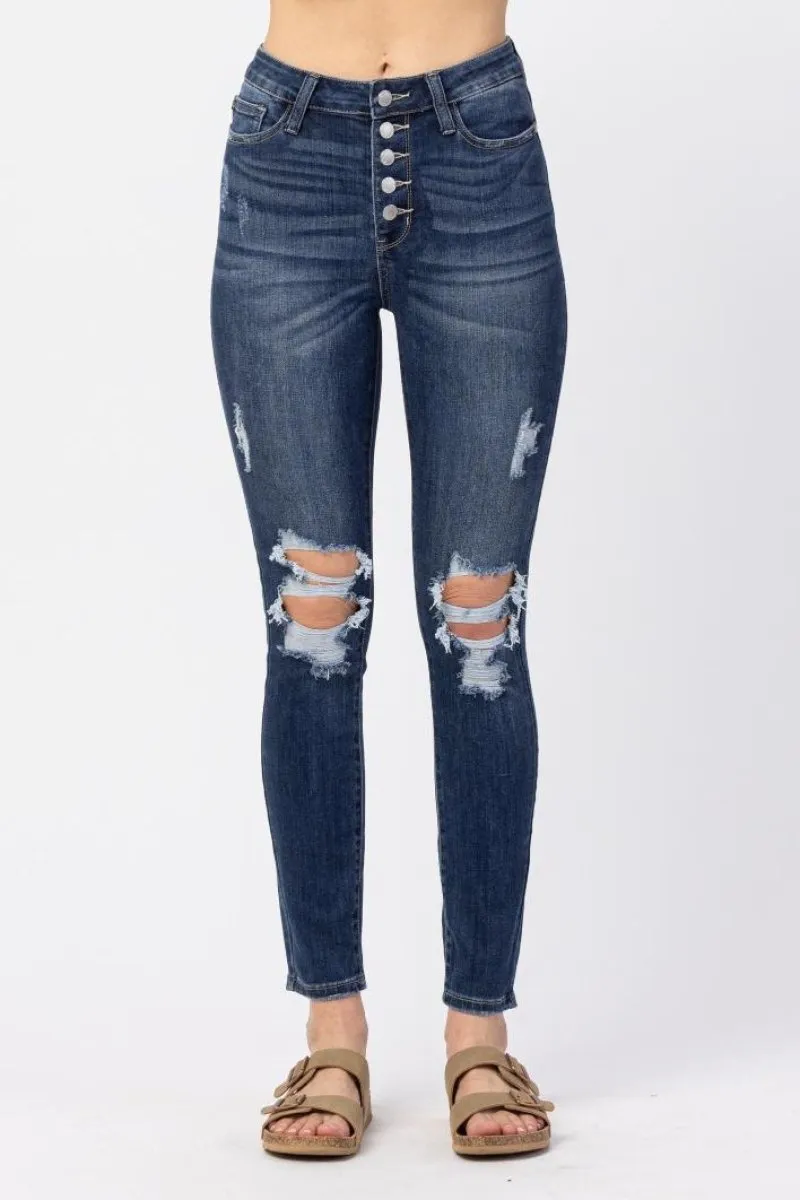 Franklin Distressed Hi Rise Button Fly Skinny | Judy Blue Jeans | Dark Wash