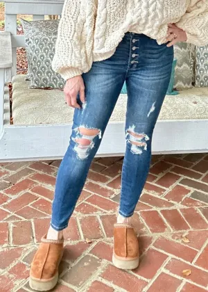 Franklin Distressed Hi Rise Button Fly Skinny | Judy Blue Jeans | Dark Wash