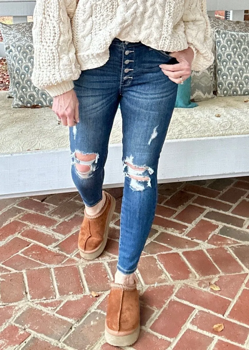 Franklin Distressed Hi Rise Button Fly Skinny | Judy Blue Jeans | Dark Wash