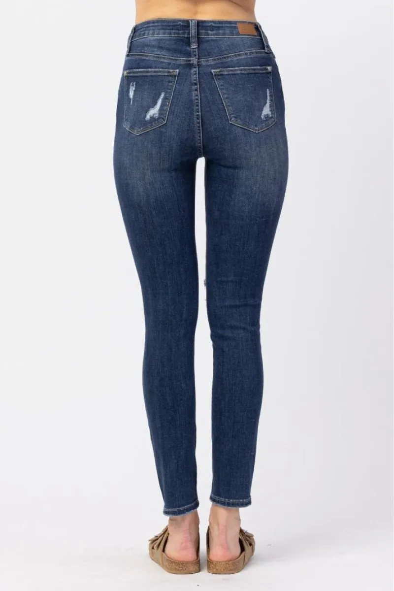 Franklin Distressed Hi Rise Button Fly Skinny | Judy Blue Jeans | Dark Wash